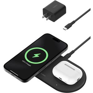 Belkin 2-in-1 Wireless Charging Pad w/ Qi2 15W + Additional USB-C Port - MagSafe-Compatible Charger, Charging Station for iPhone 16 & 15 Series, Samsung Galaxy S25 Series, AirPods, & More - Black