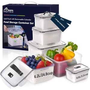 HOTEC 5pcs Large Fruit Storage Container with Removable Colander, Dishwasher & microwave safe Largest 6.2L