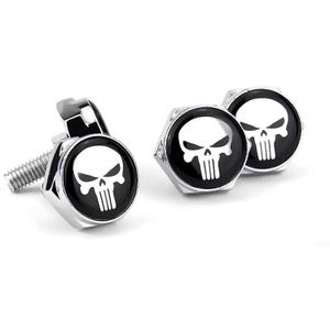 4 PCS License Plate Screw Fasteners, Skull License Plate Screws, License Plate Bolts Decorative Kit, Fit Vehicles Motorcycle Trucks SUV (Silver & White)