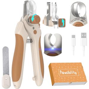 Pawsibility Pet Nail Clipper PRO 2026 - Quick-Vision LED Light | 2-Stage Adjustable Professional-Grade Blade | Adjustable Magnifier Safety Guard - for Cats, Small, Medium and Large Dogs - Brown
