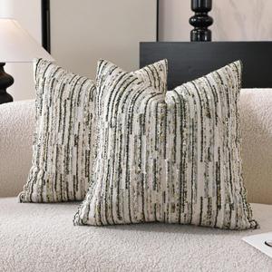 Striped Throw Pillow Covers 20x20 Set of 2 Green Textured Boucle Chic Morden Boho Accent Farmhouse Decorative Chenille Pillow Covers for Home Decor Bed Sofa Living Room