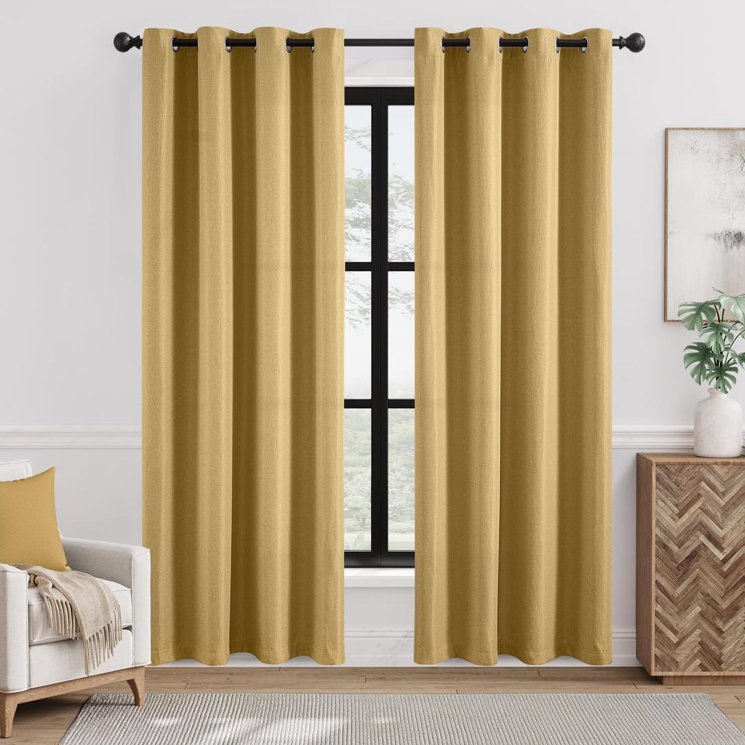 Jinchan Linen Textured Room Darkening Curtain 84 Inches Long for Living Room Room Thermal Insulated Grommet Top Window Drape for Bedroom 52" W x 84" L Mustard Yellow 1 Panel