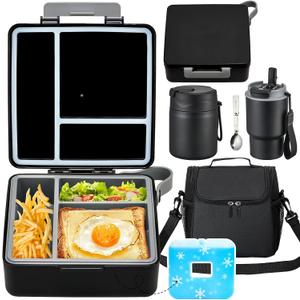 Pawtong Lunch Box Set with Bento Box Container, 17OZ Stainless Steel Food Soup Thermo, Kids Water Bottle & Portable Insulated Lunch Bag Leakproof, Hot/Cold Retention for School, Travel (Black)