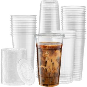 ELEGANT DISPOSABLES Crystal Clear PET Cups With Flat lids for Iced Coffee (32 oz)
