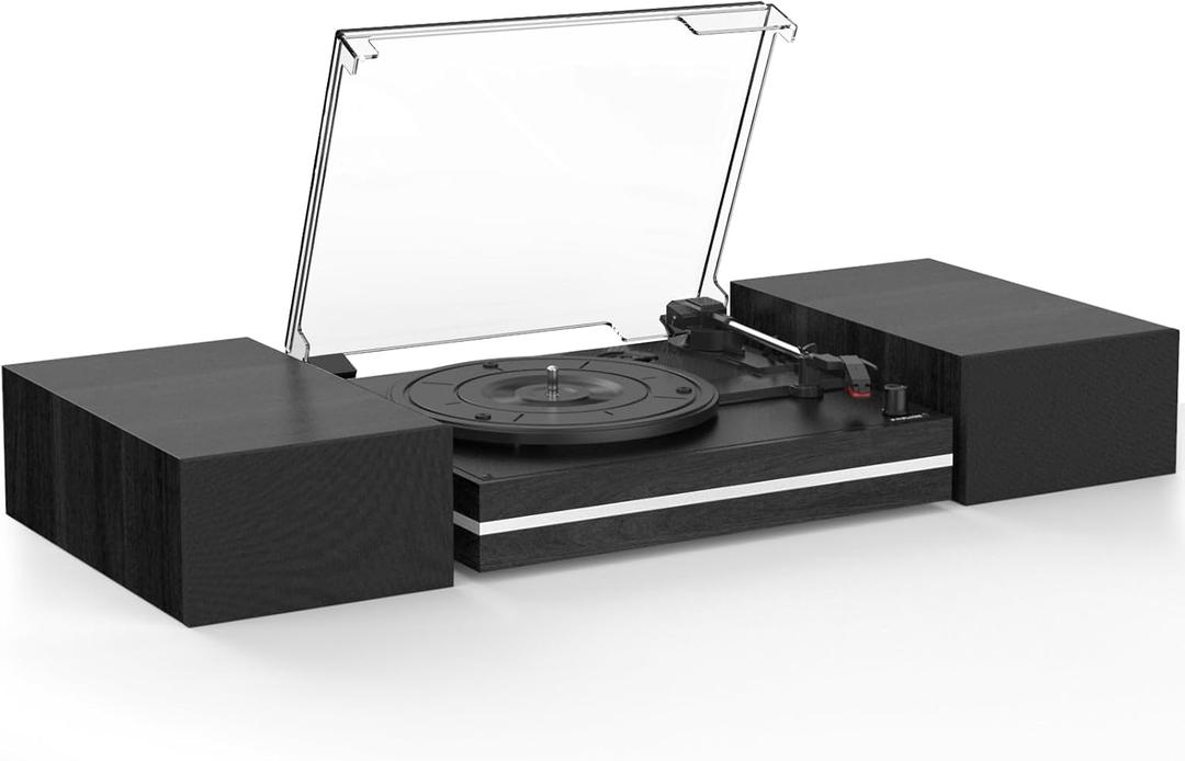 Vinyl Record Player with Dual Separate Stereo Speakers Vintage Turntable with BT Wireless Input Playback Belt Drive 3 Speed 3 Size Playback Record Player Support AUX Headphone Input RCA Out Auto Stop (Wood Black)