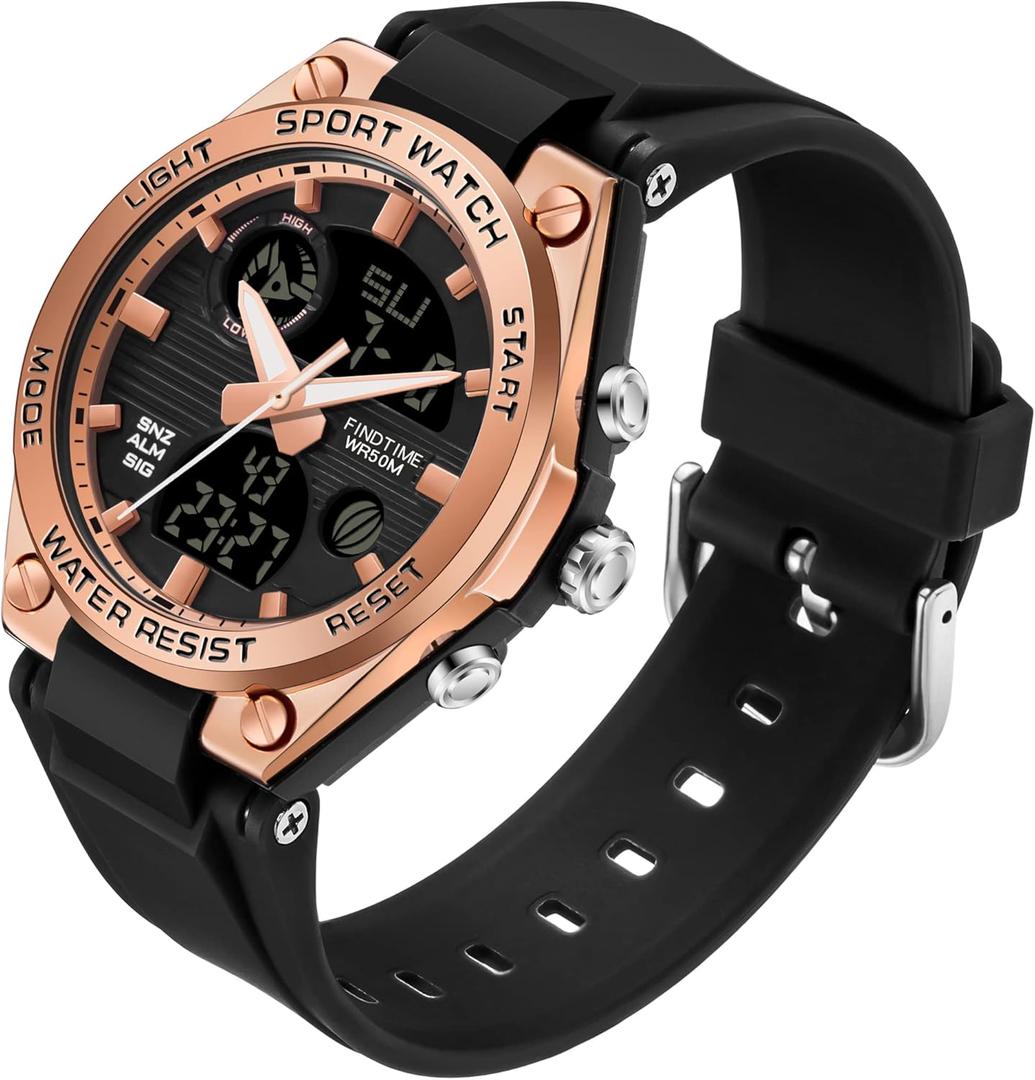 findtime Womens Digital Watch Sport Waterproof Watch Analog Military Tactical Watches LED Backlight Alarm Stopwatch Wrist Watches (black rose gold)