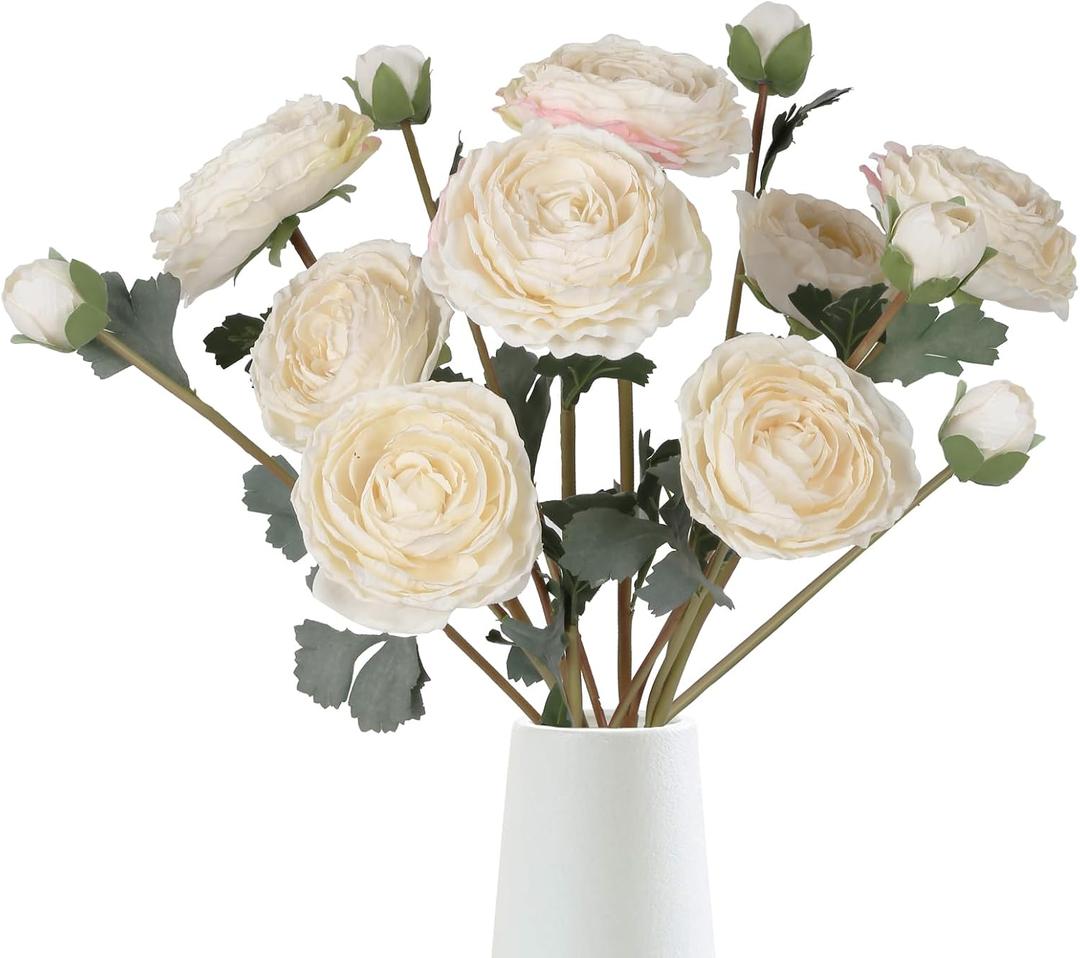 White Ranunculus Artificial Flowers 4PCS Vintage Artificial Peonies Silk Flowers with Stems for Wedding Bouquets Party Home Table Centerpiece Arrangement(White)