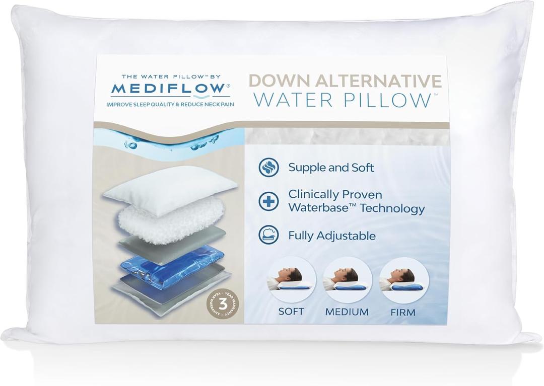 Mediflow Down Alternative Water Pillow  Adjustable for Neck Pain Relief, Side, Back, and Stomach Sleepers, The Original Inventor of The Water Pillow (Single Pack)