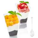 JOLLY CHEF 100 Pack 3 oz Square Mini Dessert Cups with Spoons, Clear Plastic Parfait Appetizer Cup, Small Plastic Dessert Serving Bowl for Tasting Party