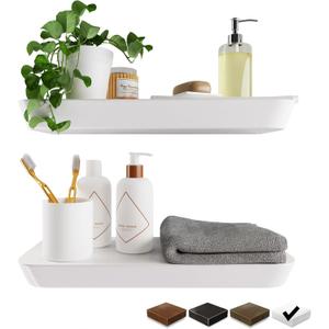 Wood White Floating Shelves for Wall 16 Inch (Set of 2) - White Bathroom Shelves - Small Wall Mounted Shelf for Bedroom Kitchen Living Room - 8 inch Deep Heavy Duty Floating Wood Shelves (Satin White, Glossy)
