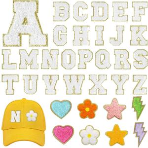 MEEZY 34 Pcs Chenille Letter Patches Self Adhesive Iron on Letters A-Z Glitter Chenille Letters with Cute Sew Iron on Patch Embroidered Applique Patches for Clothing Hat Backpacks (White)