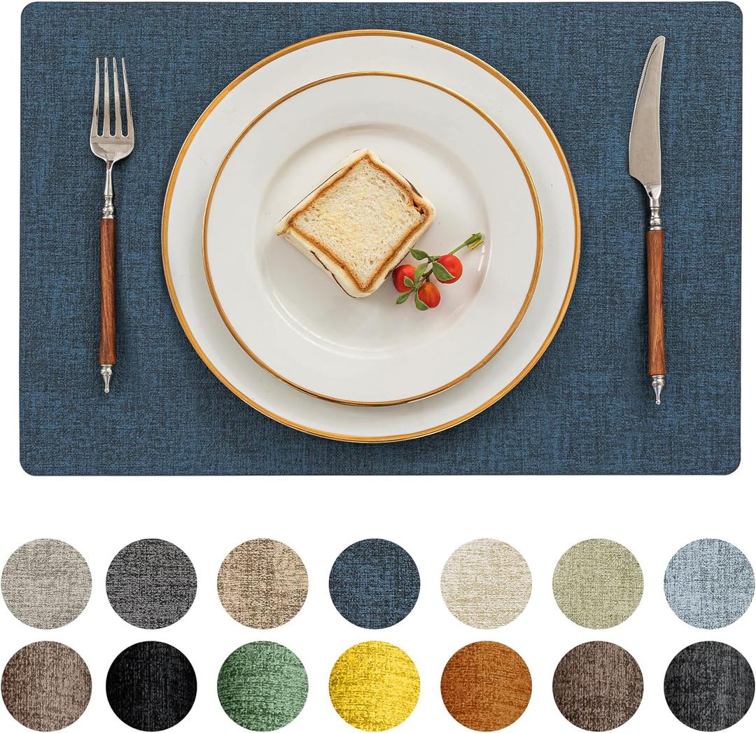 Romanstile Vinyl Placemats Set of 4-12 X 18 Inch - Heat Resistant Place Mats 100% Waterproof Oilproof Wipeable Reversible Faux Leather Table Mats for Kitchen/Dining/Party/Outdoor, Navy Blue