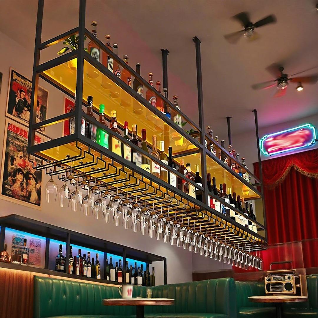 Ceiling Wine Glass Rack with light, Acrylic Hanging Wine Rack with Glass Holder and Transparent Shelves, Wine Bottle Holder Goblet Stemware Racks Modern Home Bar Coffee Decor Rack (39.3IN /100CM)