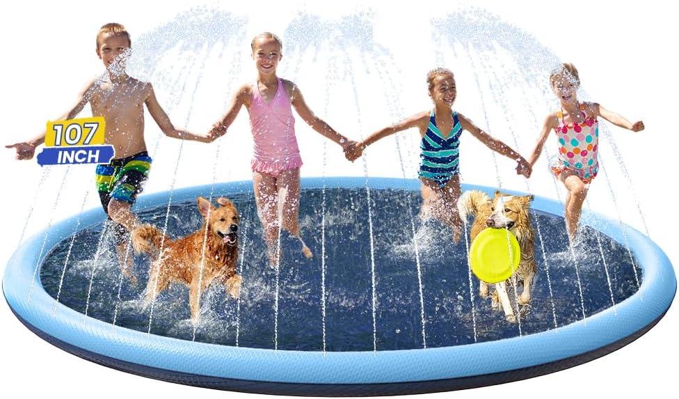 107 inch Splash Pad for Kids, Non Slip Water Sprinkler Pad Extra Large Thick Durable Toddler 4-8 3-5 1-3 Pets & Families, Backyard Splash Play Mat for Kiddie Children Baby Wading Pool Dogs Splash Pad