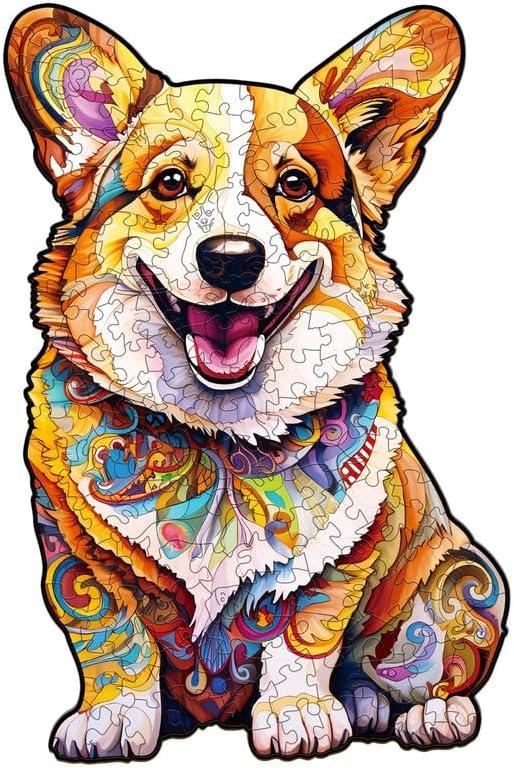 Jigfoxy Wooden Puzzles for Adults, Clever Corgi Dog Wood Puzzle for Adults, Unique Animal-Shaped Wooden Jigsaw Puzzle, Christmas Thanksgiving Gifts for Family and Friends (S-8.4 * 5.6in-90pcs)
