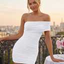 Trendy Queen Womens Off The Shoulder Mini Dresses Ruched Going Out Summer Bodycon Sexy Party Short Club Outfits 2026 (White, S)