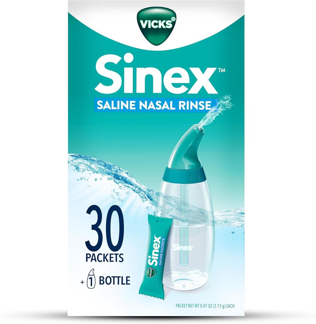 Vicks Sinex Saline Nasal Rinse Starter Kit, Drug Free Saline, Flush Out Mucus and Allergens, Fast & Effective Relief for Everyday Congestion from Sinus & Allergy, 1 Bottle + 30 Refill Packets
