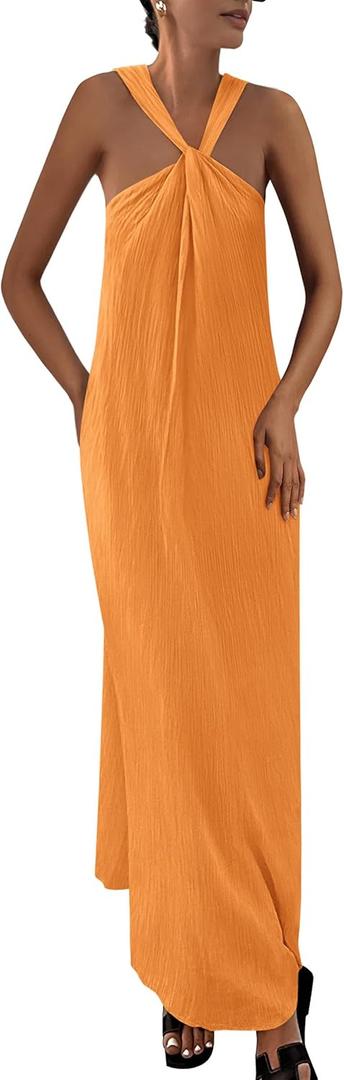 PRETTYGARDEN Womens 2025 Casual Long Summer Dresses Sleeveless Strappy Loose Flowy Beach Vacation Maxi Dress with Pockets (Large, Orange Yellow)