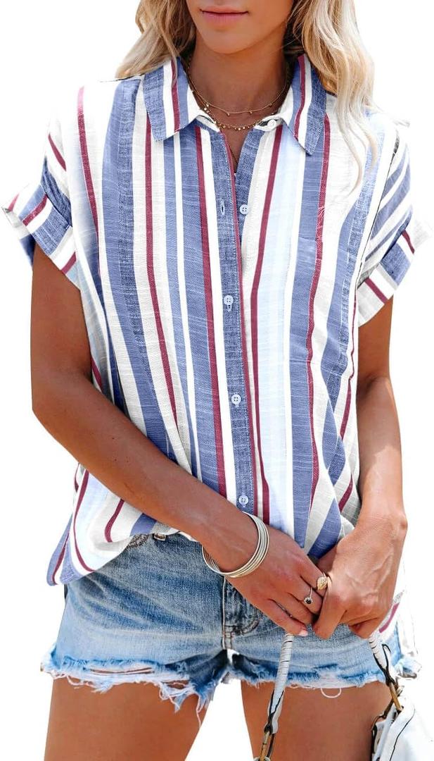 SySea Women's Short Sleeve Striped Shirts Casual Button Down V Neck Work Blouses Tops (Medium, Bluish Grey)