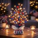 CRCZK 4th of July Table Tree Decorations with LEDs, 250 Anniversary USA Independence Day Table Centerpiece,Rustic Farmhouse Memorial Day Decorations Patriotic Decorations Red White Blue Decoration
