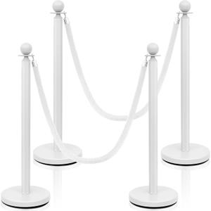 Ferraycle 4 Pcs Stainless Steel Stanchion Post Queue Red Carpet Ropes and Poles 5 ft White Velvet Rope Safety Barriers Sand Injection Hollow Base Crowd Control Stanchion for Party Theaters Wedding