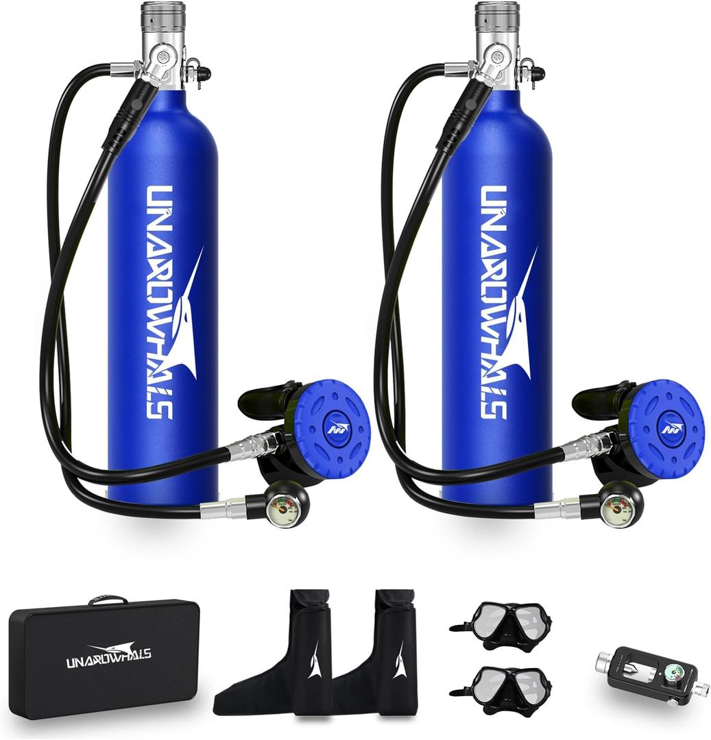 Scuba Tank with Extended Pressure Gauge, DOT/CE-EN250 Certification Lung Tank, 1L Diving Tank, 15-20 Minutes Underwater Exploration with Portable Mini Scuba Tank, 3000 Psi Max Pressure (D010C Blue)