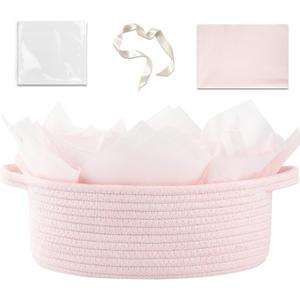 OIAHOMY Gift Basket with Handle, Small Woven Basket with Gift Bag, Ribbon and Wrap Tissue Paper, Nursery Bins Empty to Fill with Small Items, Baby, Pet Toy Organizer - Pink (12"x 8"x 5")