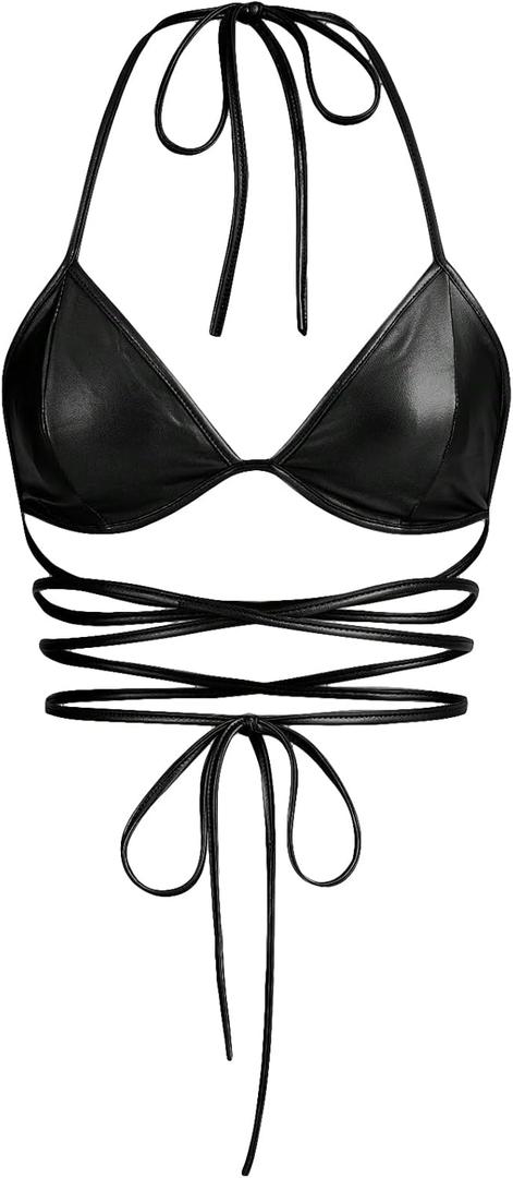 Verdusa Women's Y2K PU Leather Backless Criss Cross Tie Sleeveless Halter Crop Top (Black, M)