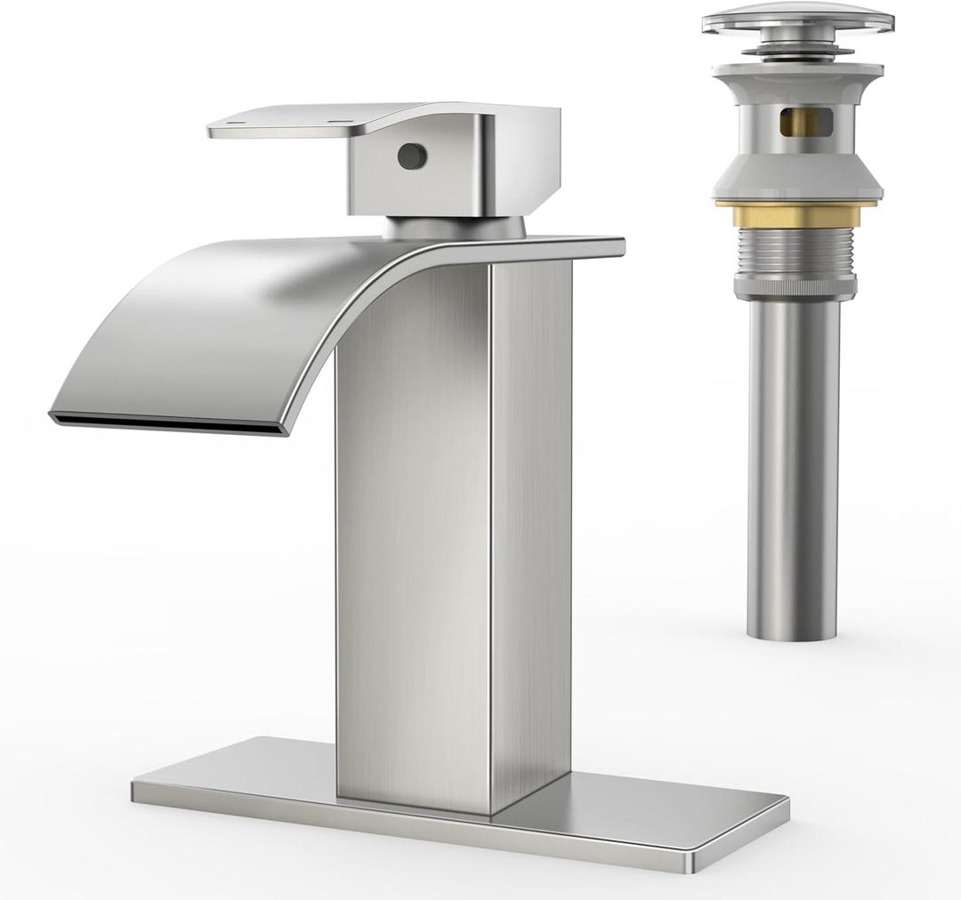 RUACQ Bathroom Faucets, Single Handle Bathroom Sink Waterfall Faucets for 1or 3 Hole, Stainless Steel Washbasin Mixer Tap with Deck, Pop-Up Drain and Supply Hoses (Short, Brushed Nickel)