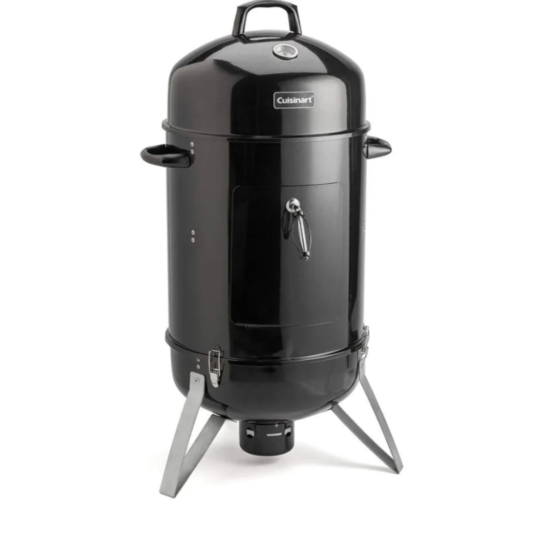 Cuisinart 16” Vertical Charcoal Smoker, Integrated Thermometer, Water Bowl and Dual Vents Perfect for Smoked Brisket, Chrome Plated Grates Smoker Grill for BBQ, Camping, Tailgates (has a dent in the back & missing bolts + 2 parts)