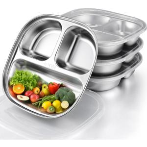 Palksky Stainless Steel Kids Plates, Balanced Bites Divided Plates for Toddlers, Portion Control Plate, Metal Lunch Tray Dishes, Non Toxic & 100% BPA Free, Dishwasher Safe, Set of 4
