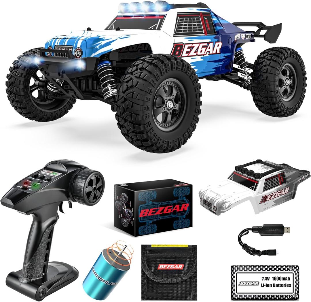 BEZGAR HM124 Brushless RC Car - 1:12 Scale 52+KM/H High Speed RC Truck, 4x4 Offroad Waterproof for All Terrains, Hobby Grade Remote Control Truck for Adults and Kids Boys with Rechargeable Battery (Blue)