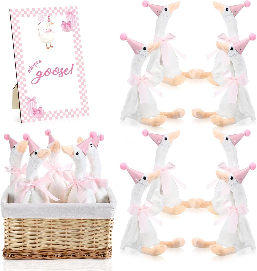 8 Sets One Silly Goose Birthday Decoration 15.7 Inch Soft Silly Goose Stuffed Animal Hat with Wood Table Decor for Birthday Party Decoration (Pink)