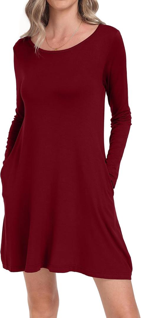 Women's Long Sleeve Pockets Casual Loose T-Shirt Dresses (Red, S)