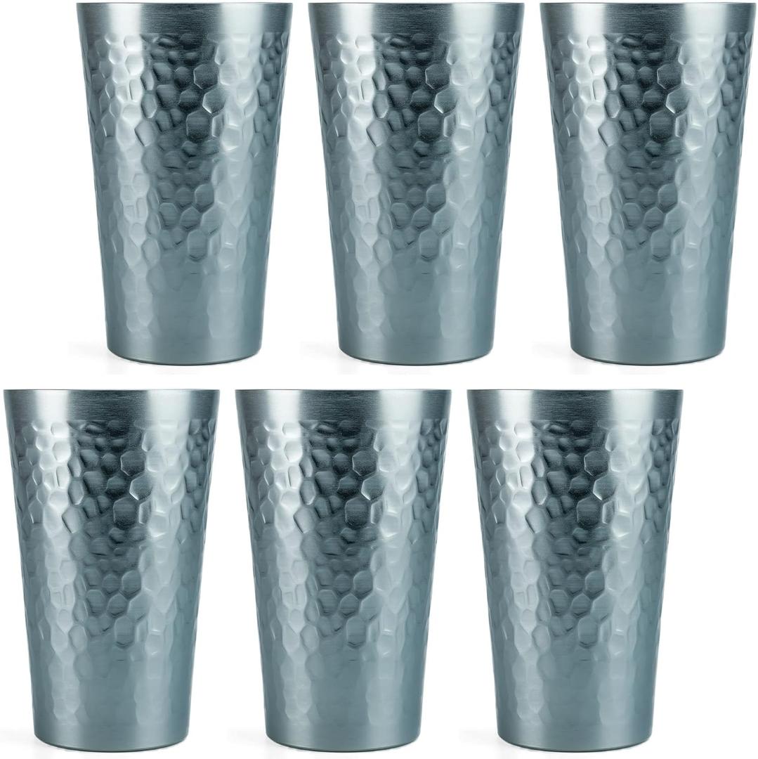 Aluminum Metal Cups for Drinks, Metal Anodized Hammered Gray Tumblers Set of 6, Aluminum Drinking Cups for Father's Day Gift, 16 oz