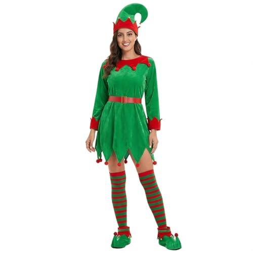 Syhood 5 Pcs Women Christmas Elf Costume Set Santa's Helper Costume Elf Outfit Velvet Dress Hat Shoes Belt Striped Stocking(M,Vivid  Green)