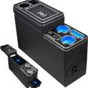 Center Console Between Seat Organizer for Minivans & SUVs - with Wireless Charging Pad, Blue LED Ambient Light, Phone Holder & Cup Holders, Middle Van Floor Console Storage Box (Black)