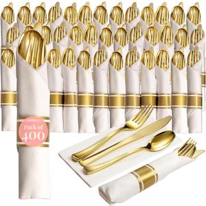 Prestee 400 Pieces Pre Rolled Gold Plastic Silverware Set for 100 Guests - Premium Disposable Silverware Set with Napkins - Wrapped Utensils with Forks, Knives, Spoons, Napkins for Weddings and Events