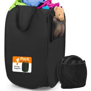 Upgraded Polyester Pop-up Laundry Hamper, 70L(18.5 Gal) Quality Laundry Basket with Durable Handles Solid Bottom High Carbon Steel Frame and Side Pocket, Easy to Open and Fold Flat for Storage, Black