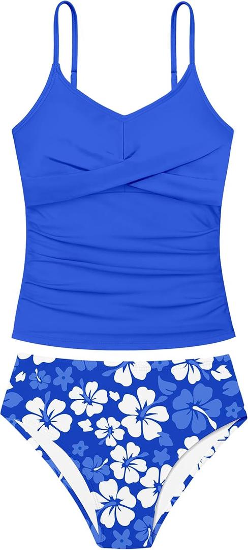 Girls Swimsuit 2 Piece Bathing Suit Criss Cross Ruched Girl Tankini Sets Printed Girls' Swimwear for 15-16 Years Girls Swimsuit 2 Piece Bathing Suit Criss Cross Ruched Girl Tankini Sets Printed Girls' Swimwear for 15-16 Years