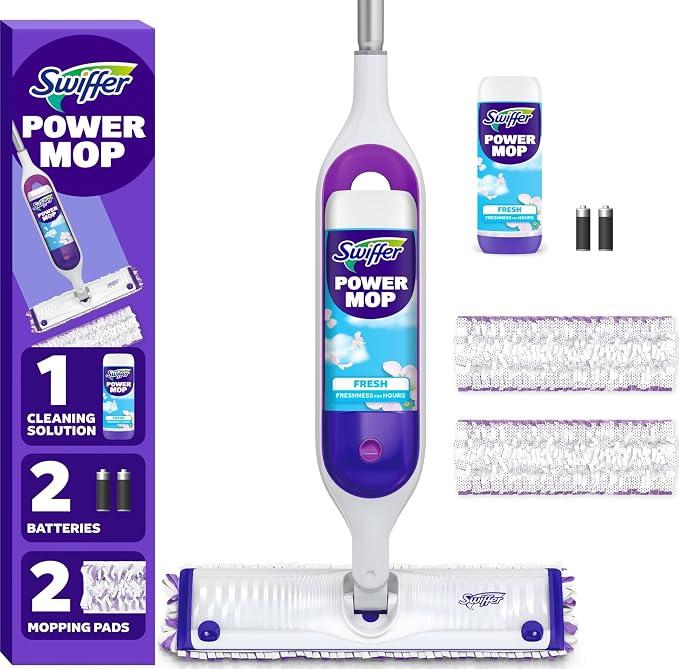 Swiffer PowerMop Mopping Kit for Floor Cleaning, Set Includes 1 Power Mop, 2 Replacement Pads, 1 Liquid Solution Refill, 2 Batteries, No Bucket Needed Electric Spray Cleaner, Multi-Surface and Wood