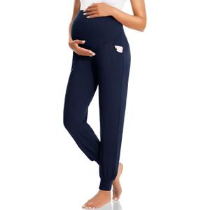 HIGHDAYS Maternity Pants with Pockets, Over Belly Maternity Leggings, Thick Pregnancy Joggers Sweatpants for Active Workout (Black, S)