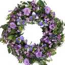 22 Inch Spring Summer Everyday Wreath for Front Door, Purple Lavender Hyacinth Flower Wreath with Green Leaves Indoor Outdoor, Purple Floral for Door Window Wall