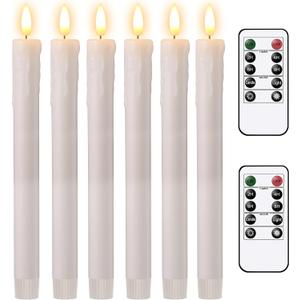 Tyawon Battery Operated Drip Real Wax LED Flameless Taper Candles 10-Key Remote with Timer 9.8 inch Window Candles LED Flickering Warm Wick Christmas Home Wedding Decor (Pack of 6)-Lvory White