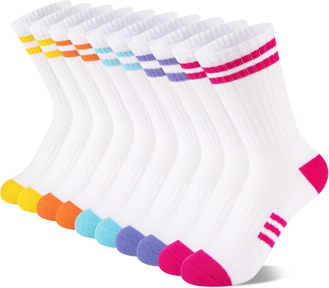 Comfoex 10 Pairs Girls Crew Long Athletic Socks for 4-6 6-8 8-10 Years Old Kids Calf Sports Cotton Socks Half Cushioned, Size: 10-12 Years