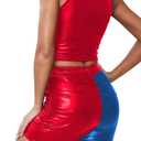 Yisfri Womens Color Block Faux PU Leather 2 Piece Outfits Zipper Vest Crop Top Ruched Shorts Club Night Party Set (L)