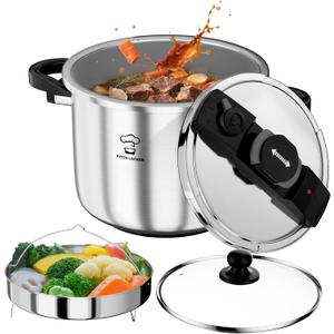 Pressure Cooker Stainless Steel 6.3 Quart,Olla De Presion For 2-3 People[Glass Lid & Steamer Rack Included][Press To Open][Compatible With Induction And Gas Stovetops]
