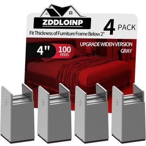 4Pack Bed Risers with Adjustable Screw Clamp, Fit Thickness of Furniture Frame from 0 to 2 Inch, Elevation in Heights 4" Heavy Duty Risers for Lifting Couch Desk Table Cabinet Nightstand, Grey