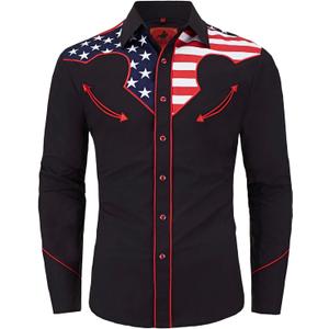 DIFICIL SLOG Mens American Flag Embroidered Snap Button Down Shirts Western Cowboy Patriotic Regular Fit Long Sleeve Shirt (X-Large, Black)