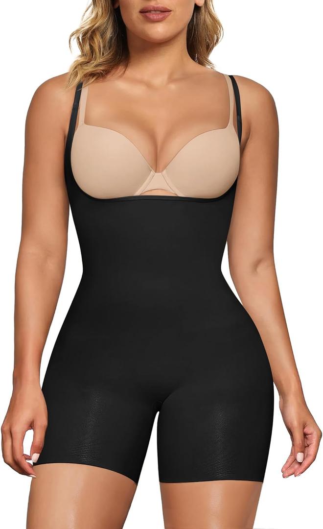 SHAPERX Open Bust Shapewear Tummy Control Bodysuits for Women Seamless Compression High Waisted Body Shaper (Small-Medium, Black(Shorts))